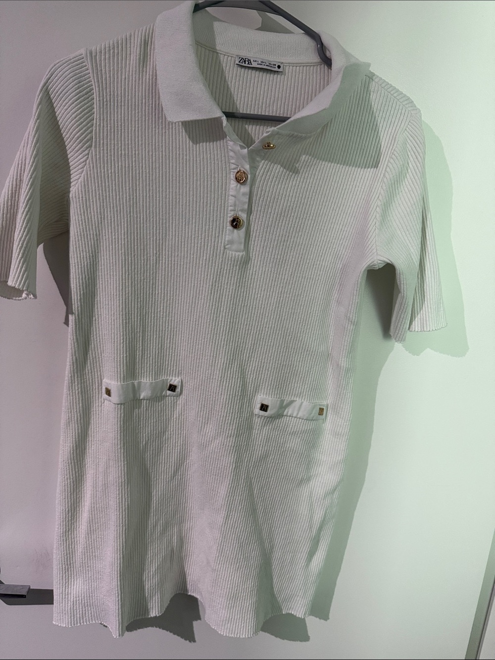 Zara White Ribbed Polo Dress with Gold Buttons